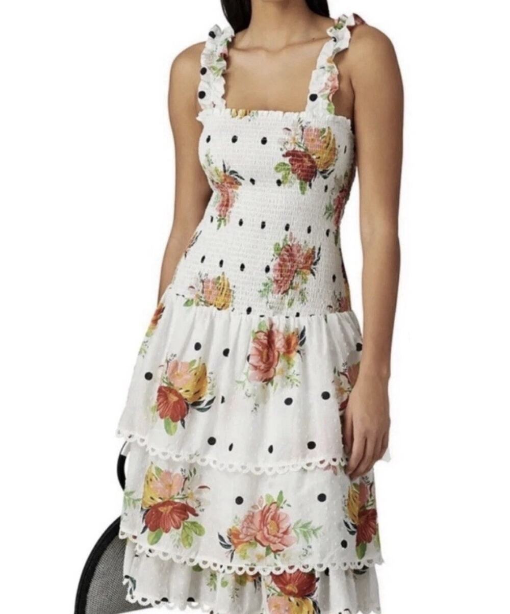 Farm Rio Nanaju Tropical Polka Dot White Smocked Tiered Midi Dress - Small